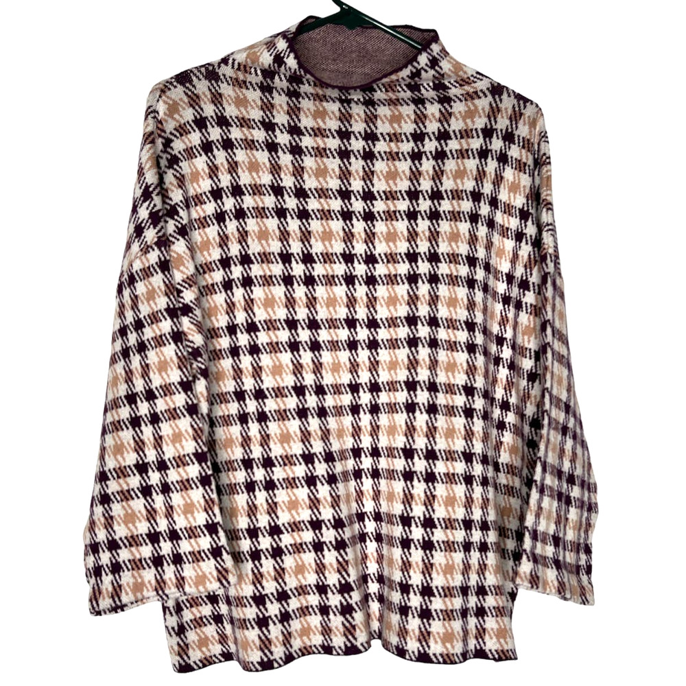 Ann Taylor Factory Pullover Sweater Size XL Purple and Ivory Houndstooth Print
